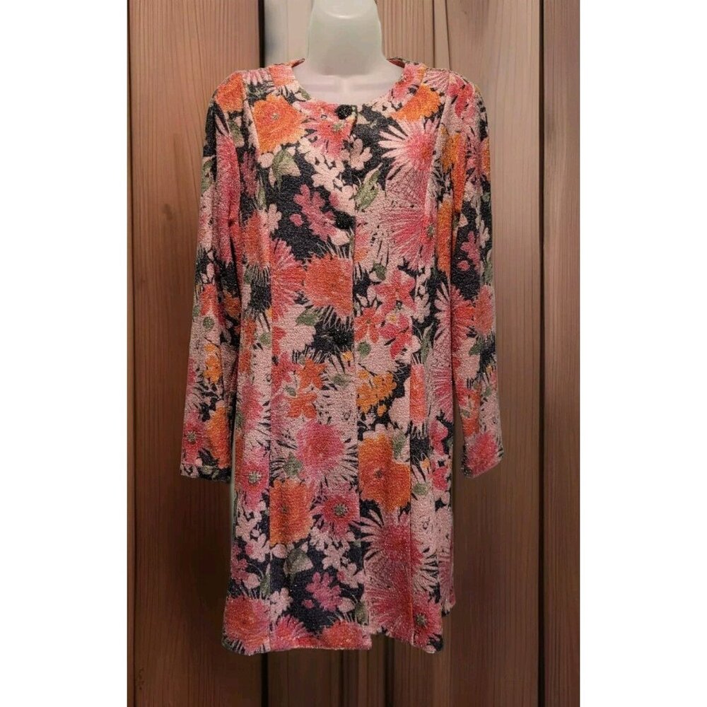 Susan Graver Pink Orange Sparkle Floral Knit 3 Button Long Blazer Jacket Sz S